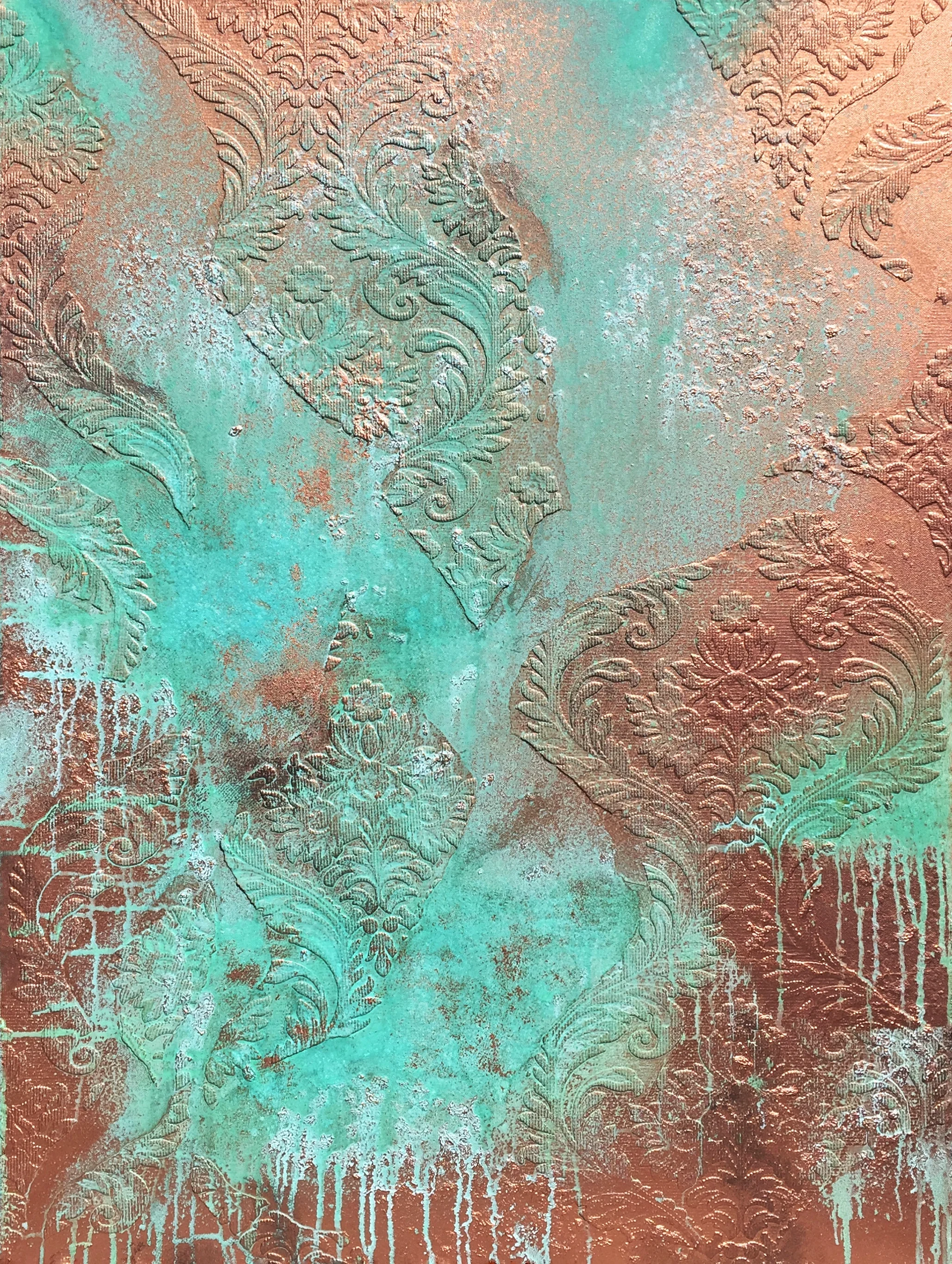 UNTITLED 620. 2016. 30" x 40". Oxidized copper on canvas.