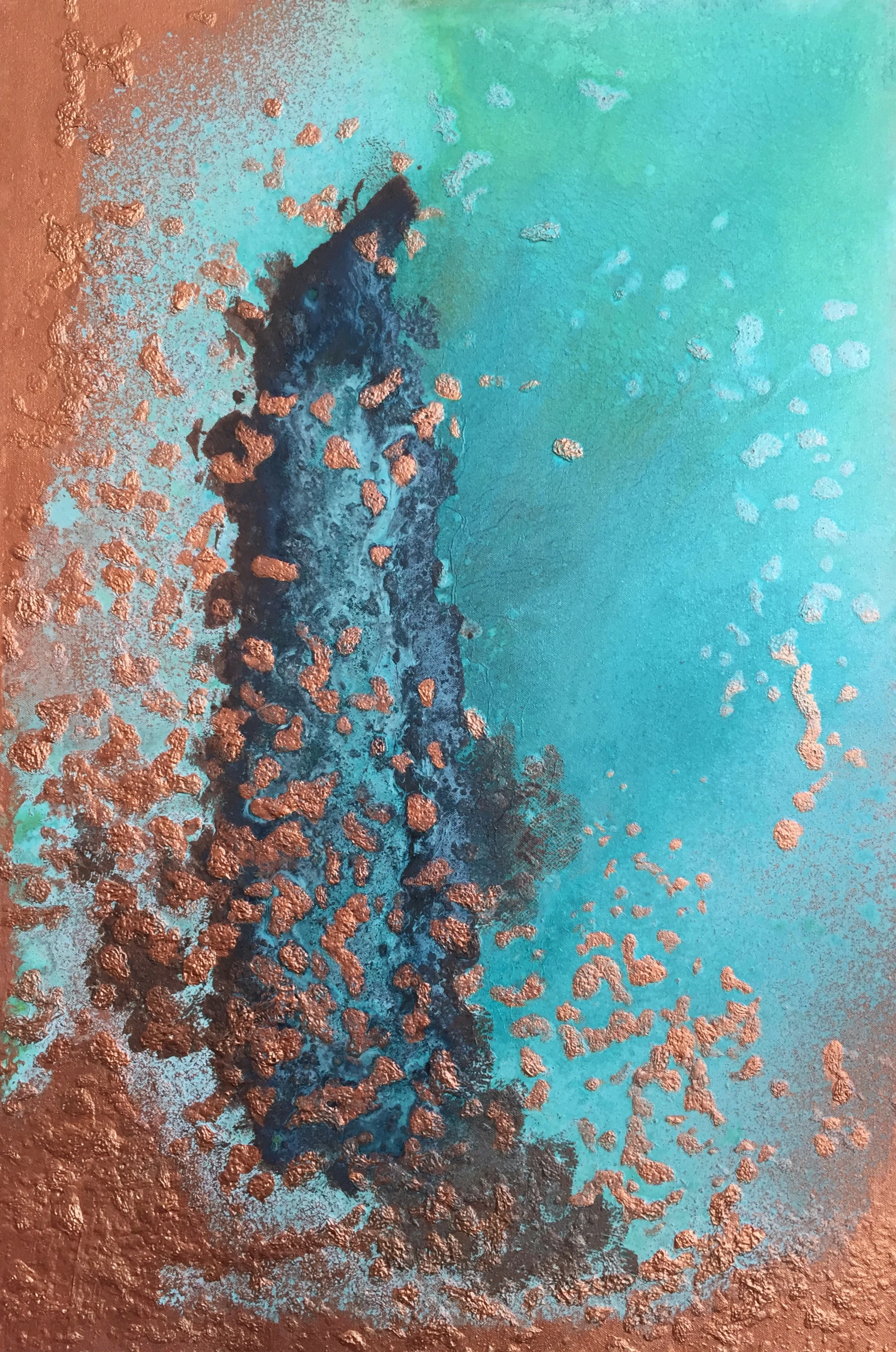 UNTITLED 628. 2016. 24" x 36". Oxidized copper and bronze on canvas.
