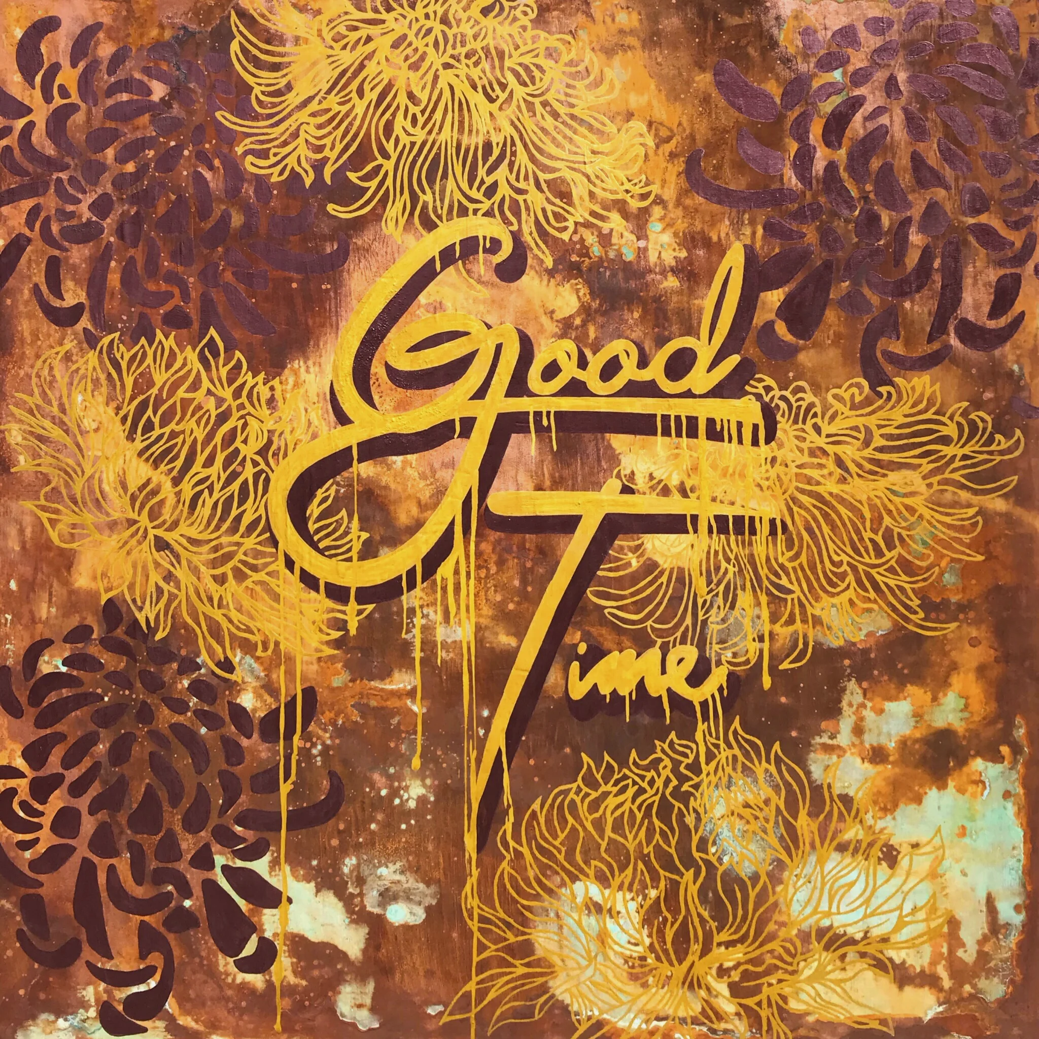 GOOD TIME. 2018. 36” x 36”. Iron, copper, and acrylic on panel.