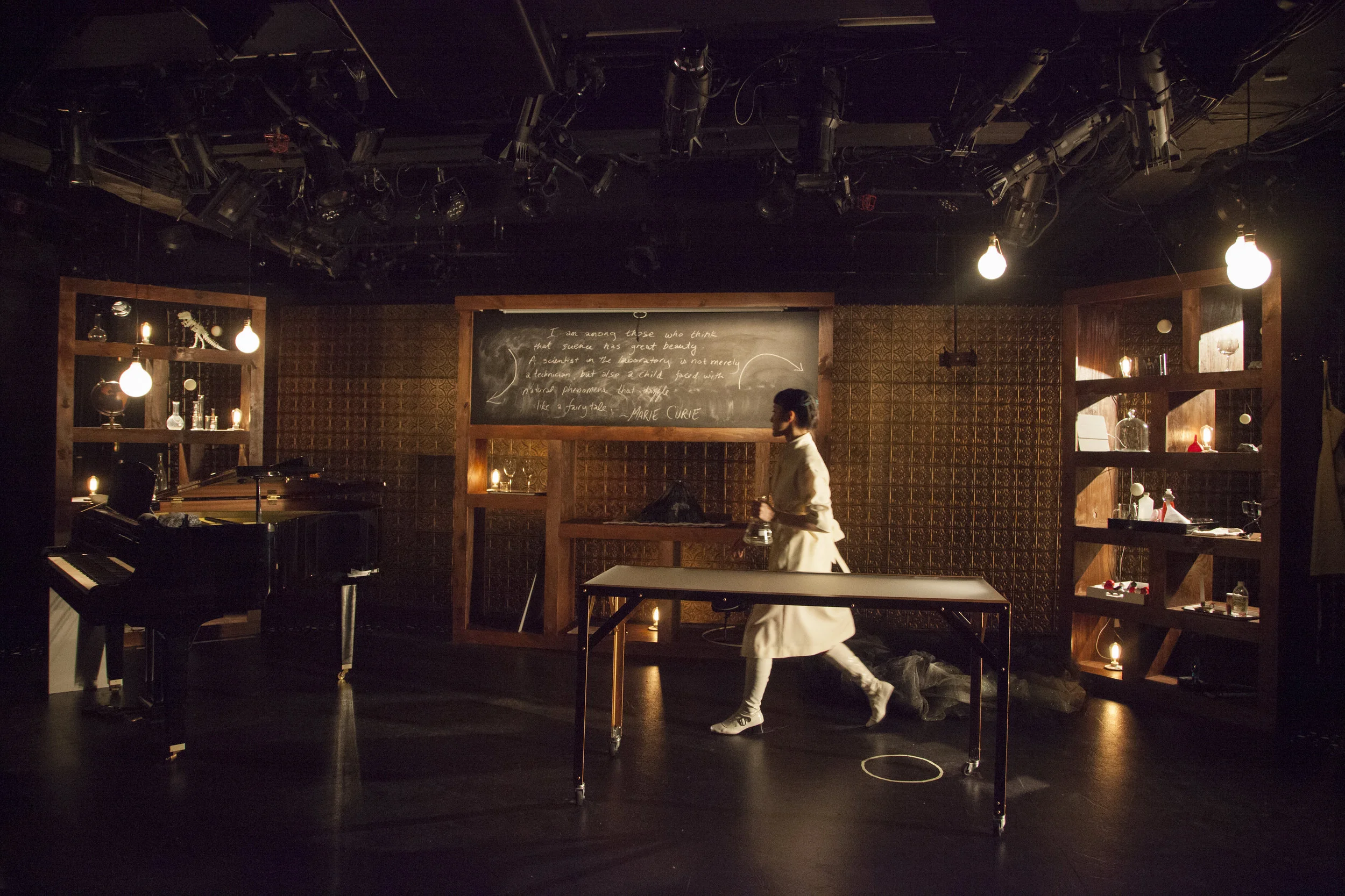 In the Science Fair Laboratory at HERE. Set Design by Cate Hevner Kemp, Lighting by Lucrecia Briceno, photo by Kate Milford