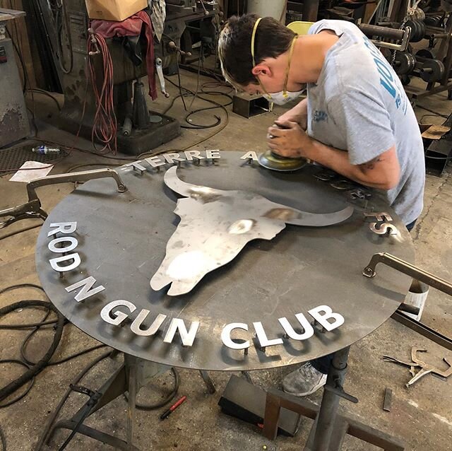 Raised letter sign for a fishing and hunting camp. Letters and logo will be sanded satin stainless and the background will be allowed to rust. Contrast will be great in a few months.