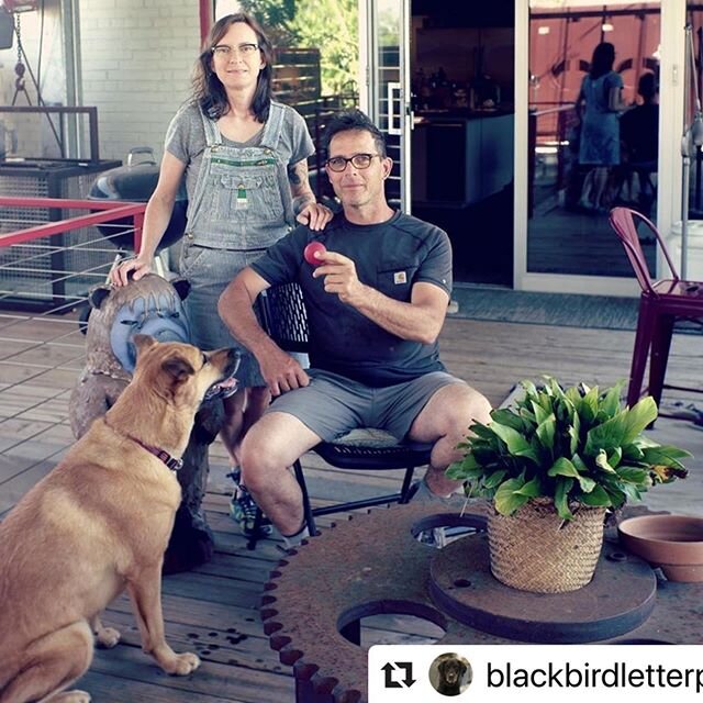 We don&rsquo;t show our faces much but here is @blackbirdletterpress and myself for our quarantine photo. Thanks @kccornell for the back porch photo shoot with a really awesome large format camera. Oh  yea, that&rsquo;s Ava staring down the ball.