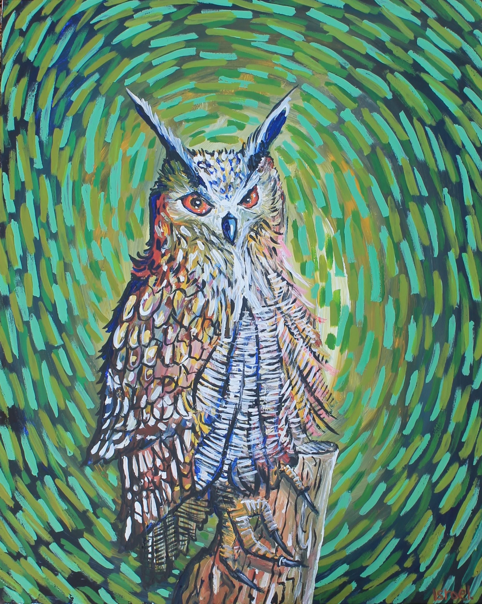 "Eurasian Eagle-Owl." 20 x 30 inches. Acrylic paint. For sale $400.