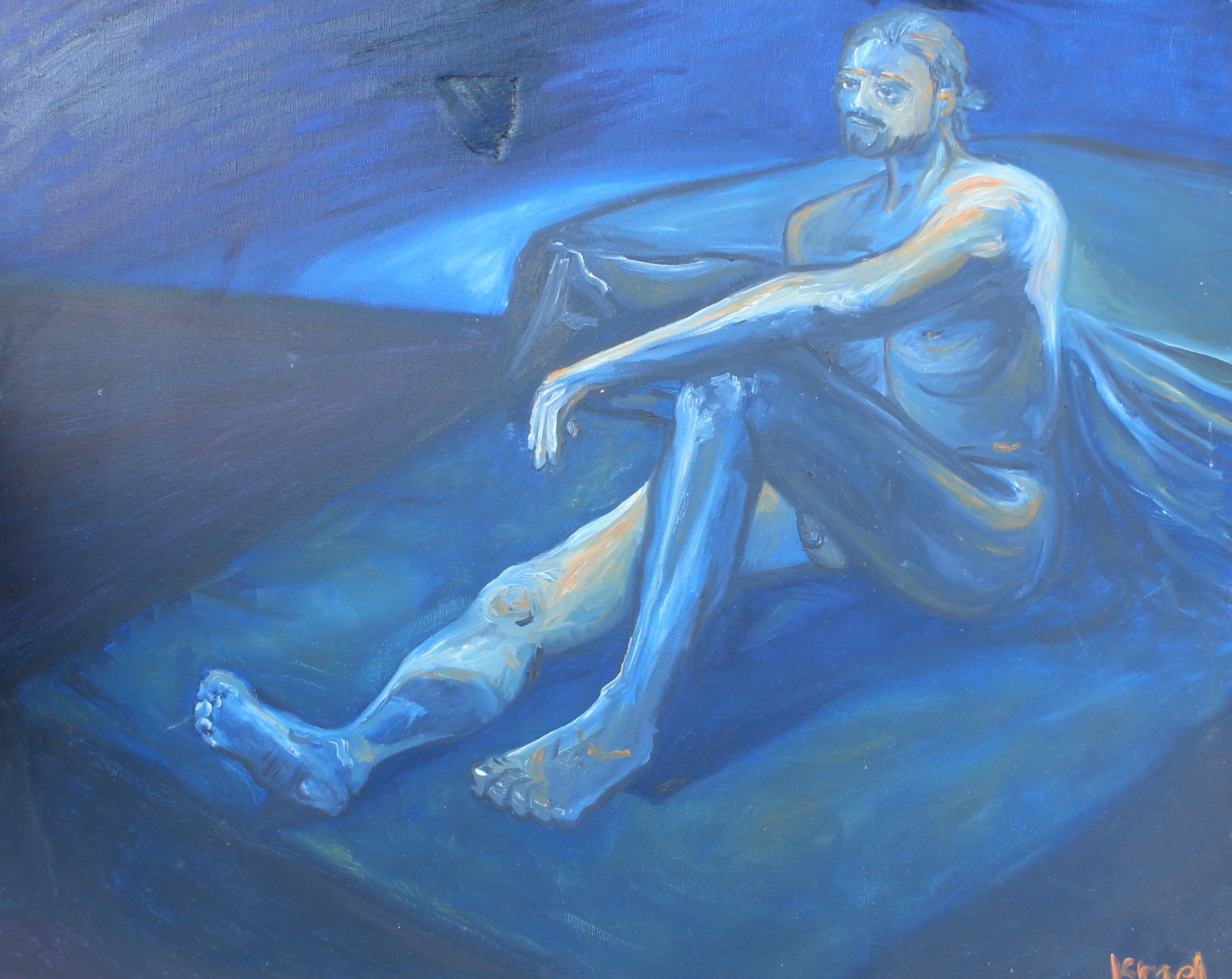 "Blue Man." 20 x 30 inches. Oil paint. For Sale $150 (Damaged, recently repaired this week).