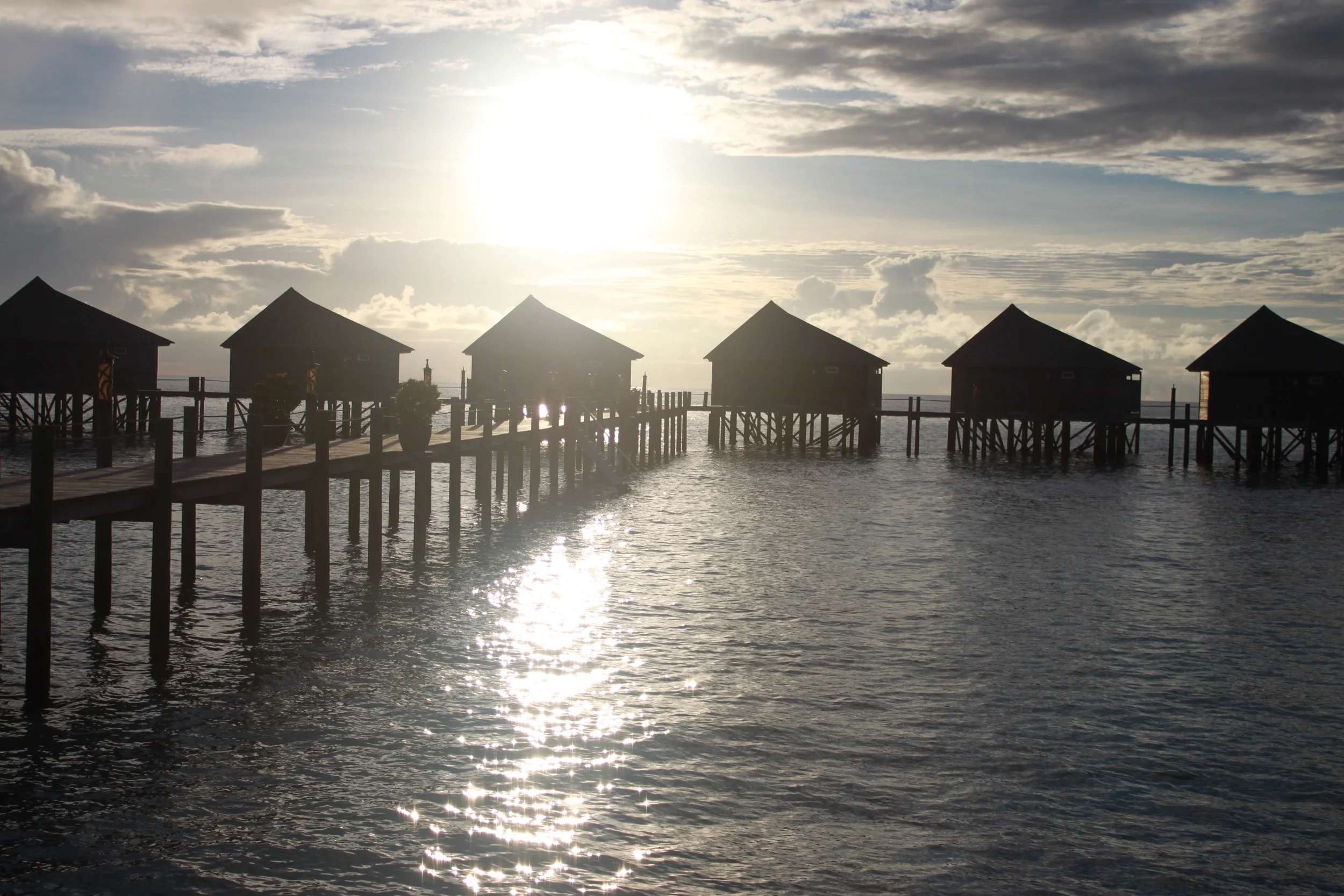 the water villas during sunrise