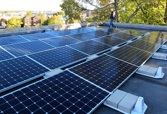 ICC's photovoltaic system consists of 52 solar panels that sit on top of the roof above killam hall.