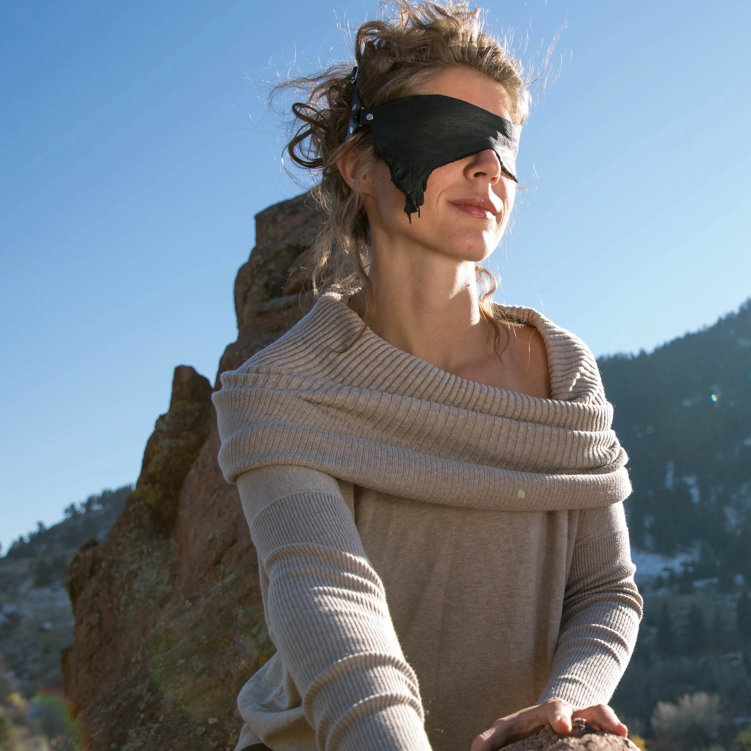 bronze fox leather raw edge blindfold