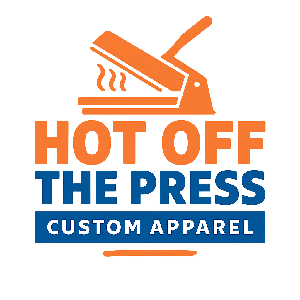 Logo for 'Hot Off the Press', a custom apparel business, featuring steam coming from a heat press machine.