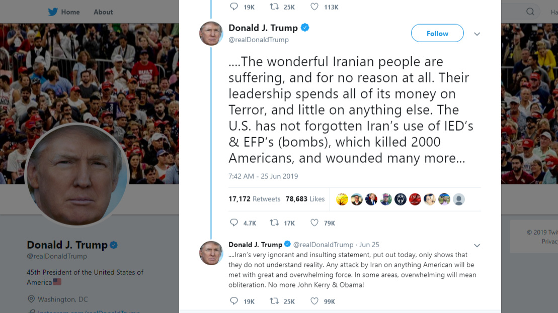 Donald Trump’s tweets to Iranian leaders.
