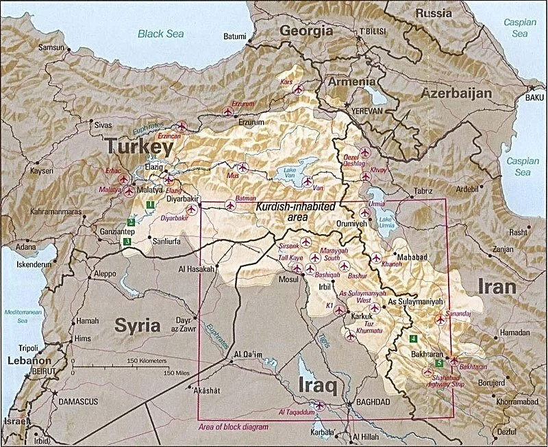 Kurdish-inhabited area in 1992. A majority of the Kurdish people live in the historical Kurdistan region, which today is split between Iran, Iraq, Turkey, and Syria. | Picture: CIA