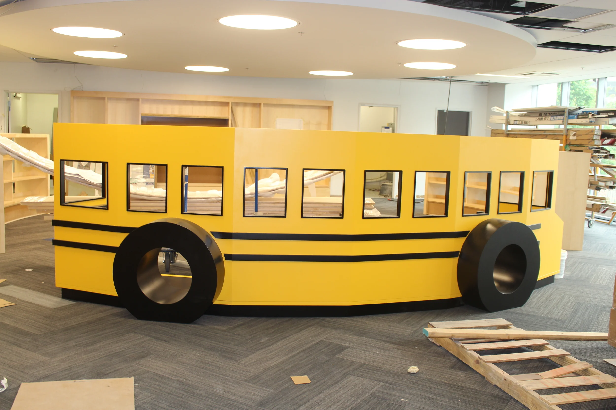 This bus is going to be such a key piece in the new kids area. It's going to create the divide between the kids story time area, bookshelves, and more to allow those going into Kindergarten a place to learn and play so that they go into the school year feeling ready and confident. The library is focusing on this because not all kids in Central Ohio attend preschool and it is so important that children and families have the resources out there to prepare their children for that first year of school. 