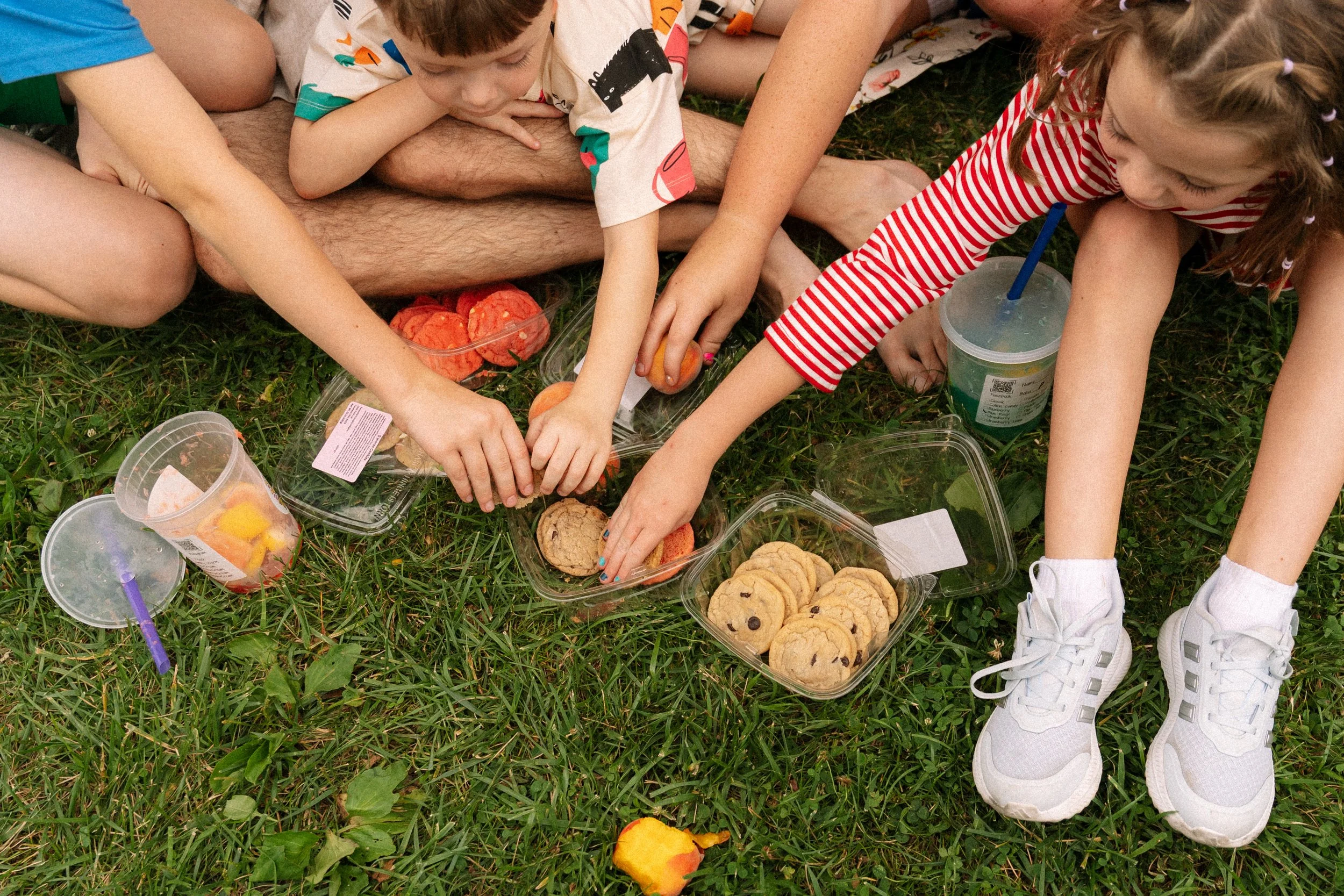 Three children sitting on grass having a picnic, reaching for cookies and snacks from clear plastic containers with juice cups nearby.