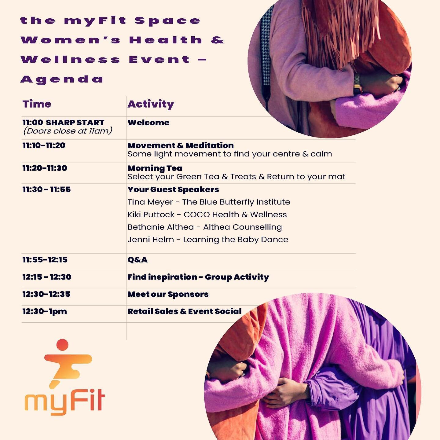One more sleep!! Your Event Agenda.

Tomorrow we welcome you to the very first myFit Space Women&rsquo;s Wellness Event! Goodie bags are packed, drinks are chilling, prizes are ready &amp; our team &amp; guest speakers can&rsquo;t wait to meet you!

