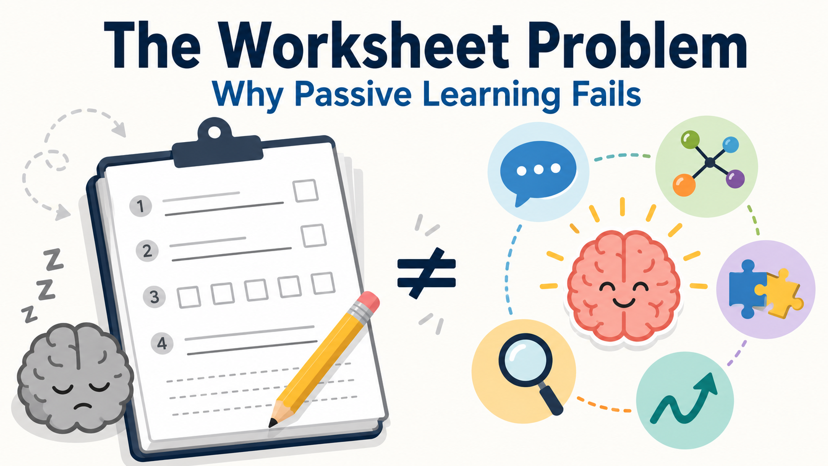 Simple classroom graphic titled “The Worksheet Problem: Why Passive Learning Fails,” showing a worksheet and pencil contrasted with active learning icons such as a brain, speech bubble, magnifying glass, puzzle pieces, and connections.