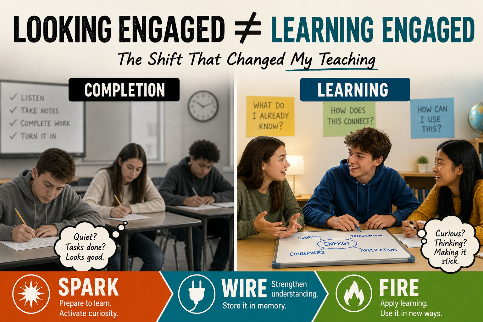 Split classroom graphic showing quiet students completing work on one side and actively engaged students discussing and connecting ideas on the other, with a Spark, Wire, Fire banner along the bottom.