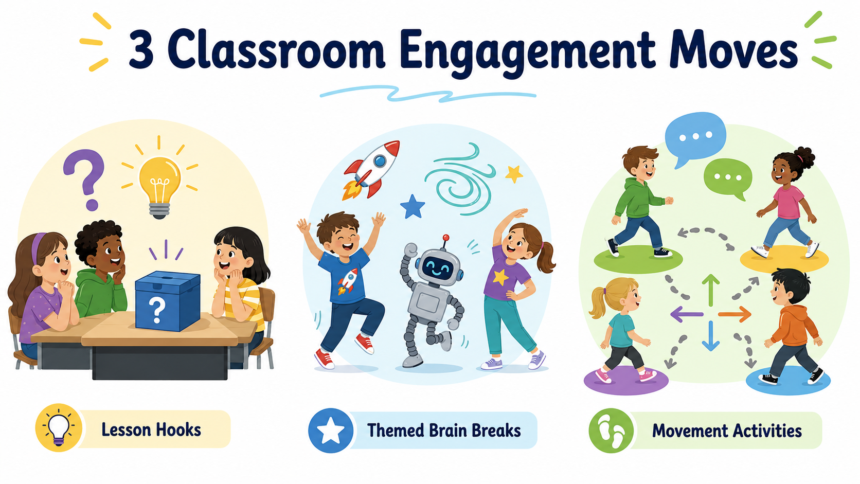 Simple classroom graphic showing three classroom engagement moves: lesson hooks, themed brain breaks, and movement activities, with icons representing curiosity, focus, movement, and active learning.