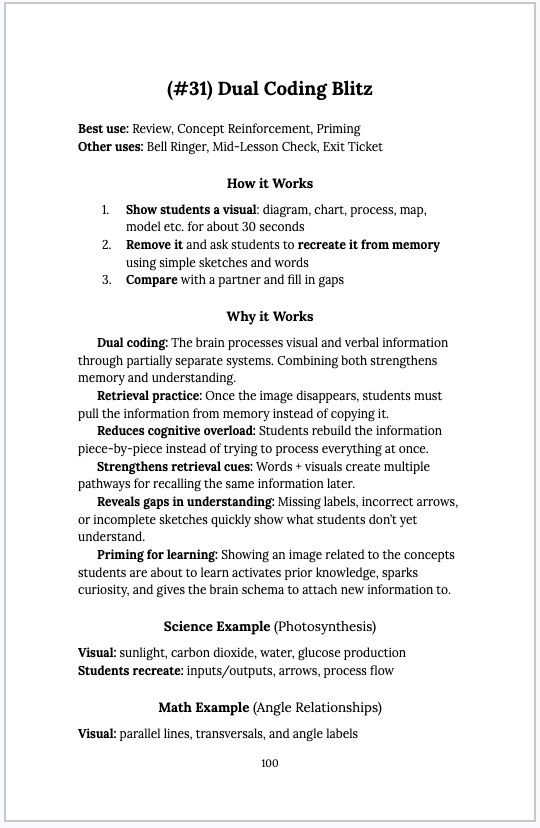 A page from the Spark. Wire. Fire book explaining the Dual Coding Blitz Concept Review classroom activity