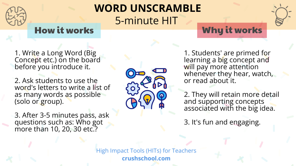 Illustrated classroom infographic showing the Word Unscramble strategy, where students create smaller words from a large academic vocabulary term to increase engagement, attention, vocabulary recognition, and readiness for learning.