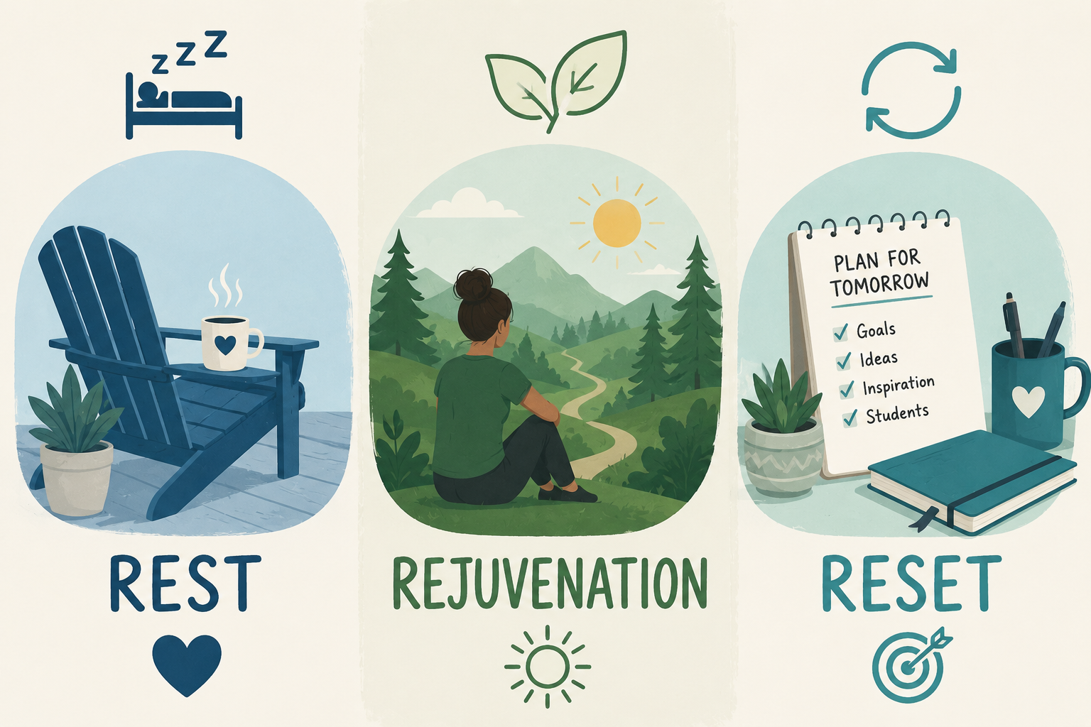 Simple infographic showing the three benefits of summer for teachers: Rest represented by a relaxing chair and coffee, Rejuvenation represented by nature and reflection, and Reset represented by planning and fresh goals for the future.