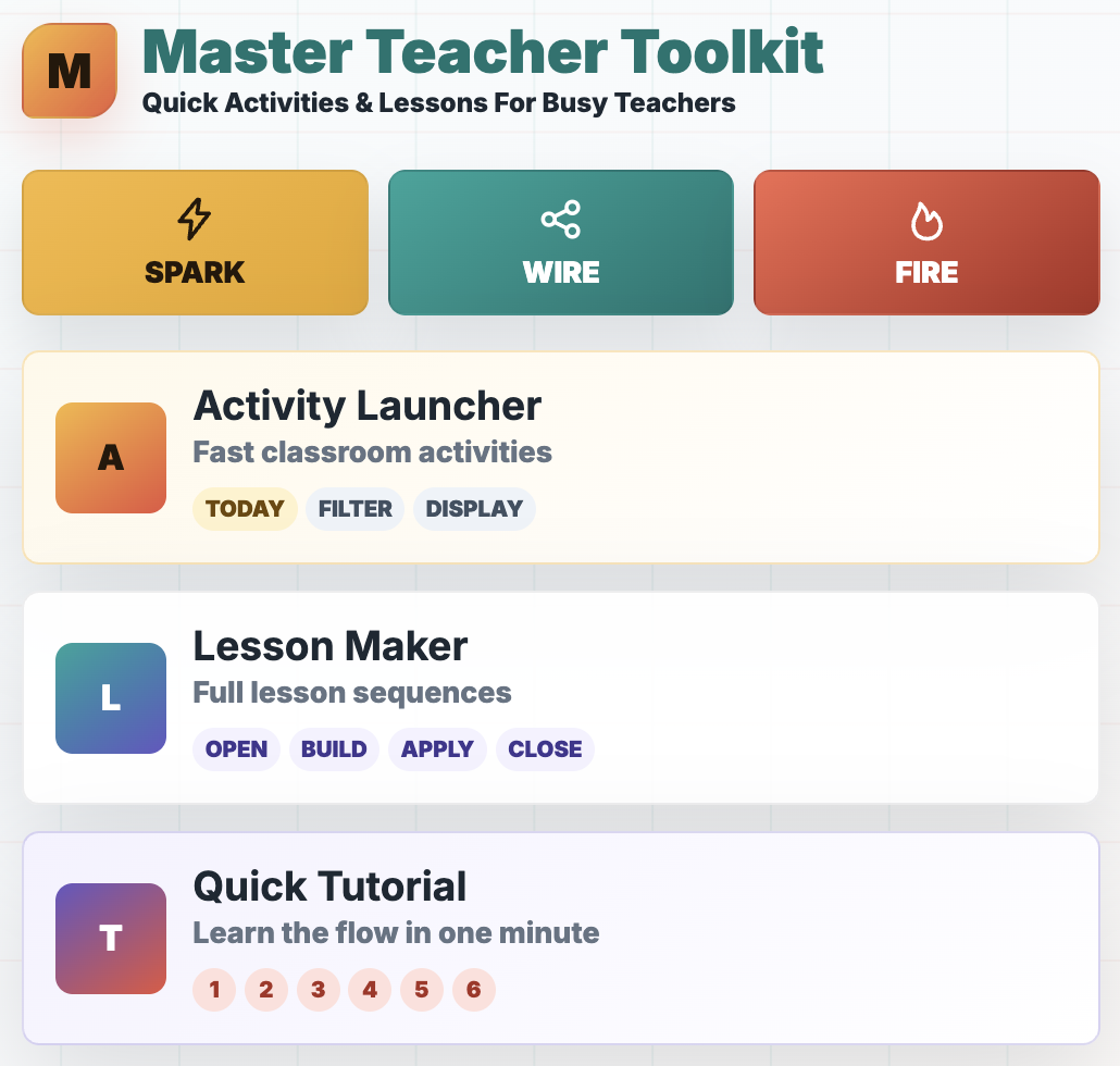Master Teacher Toolkit home screen featuring the Activity Launcher for finding classroom activities and Lesson Maker for building 45-, 60-, or 90-minute lessons.