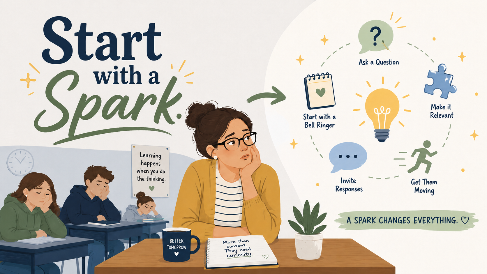 Teacher reflection graphic about skipping the spark, showing classroom lesson hooks, bell ringers, prediction activities, and attention-getters that help students focus and prepare for learning.