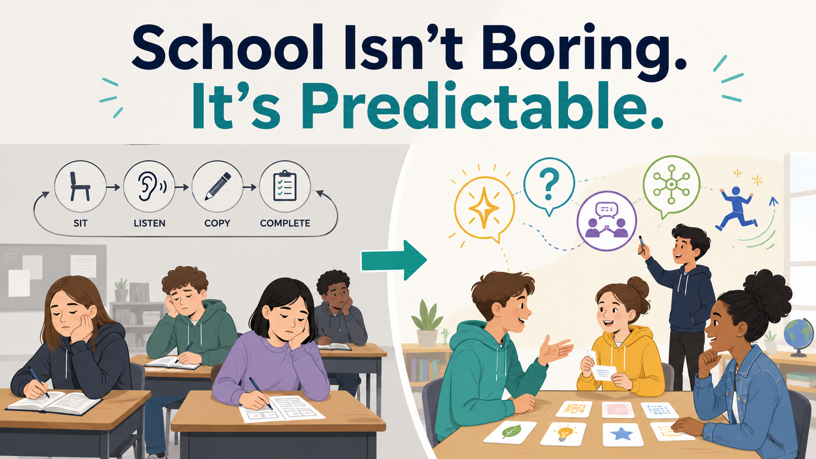 Classroom graphic titled “School Isn’t Boring. It’s Predictable.” showing bored students sitting through a repetitive routine on one side and engaged students collaborating and thinking actively on the other.