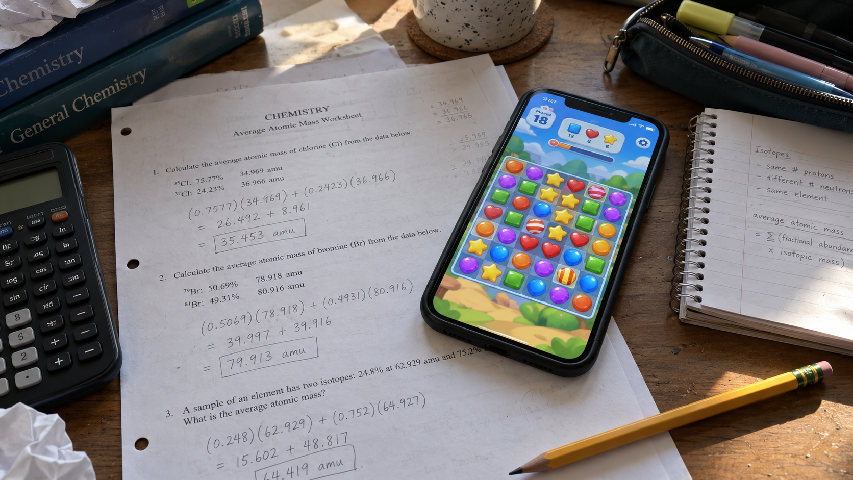 Smartphone displaying a colorful puzzle game rests on a chemistry worksheet filled with average atomic mass calculations, illustrating the competition between digital distractions and student learning.