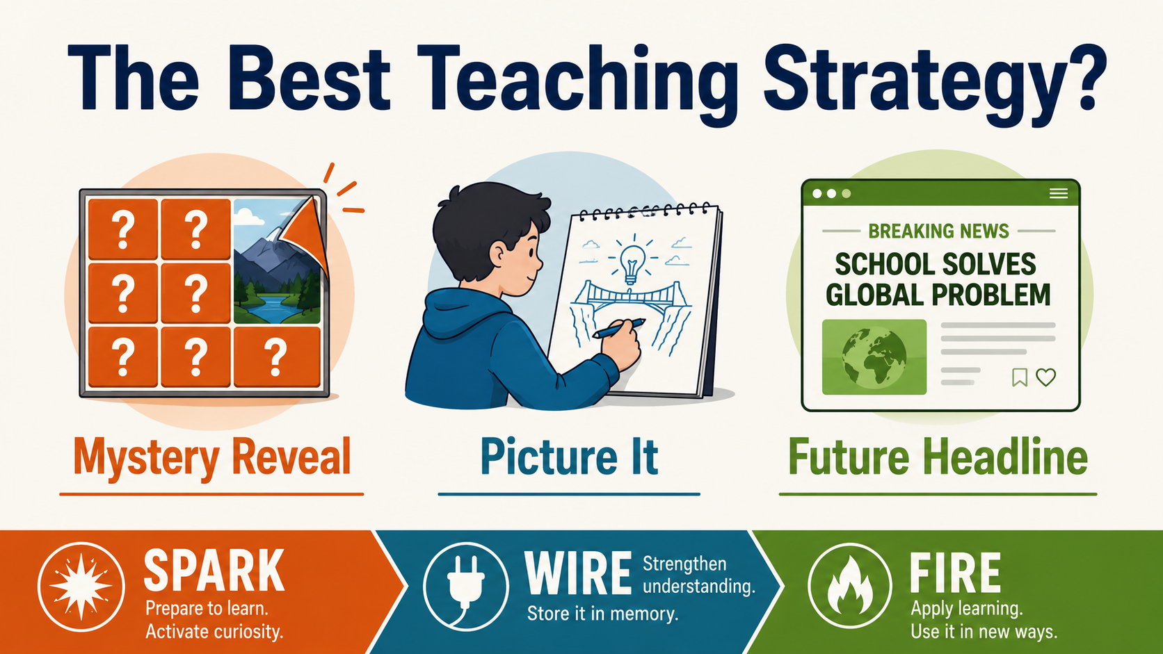 Simple classroom graphic showing three Spark–Wire–Fire teaching strategies: Mystery Reveal, Picture It, and Future Headline.