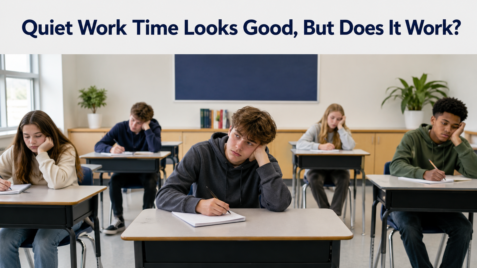 High school classroom infographic contrasting quiet students completing work with the question of whether they are actually learning, showing icons for retrieval, explanation, connection, application, and deeper learning.