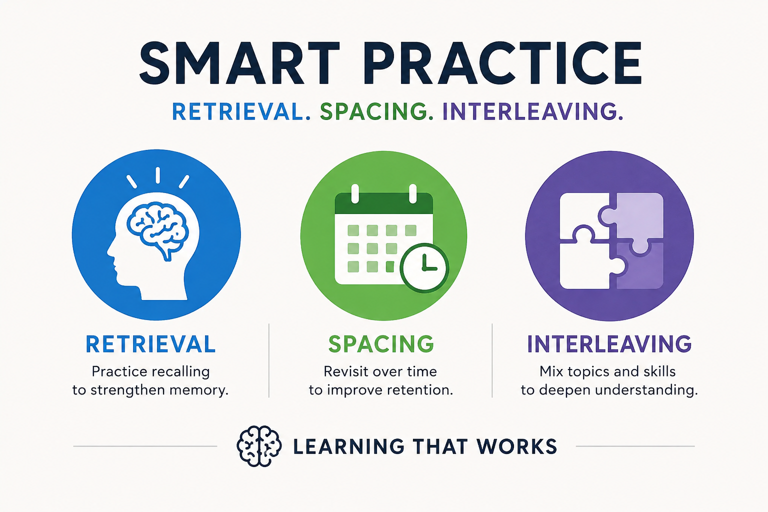 educational infographic titled “Smart Practice” featuring three colorful circular icons representing Retrieval, Spacing, and Interleaving.