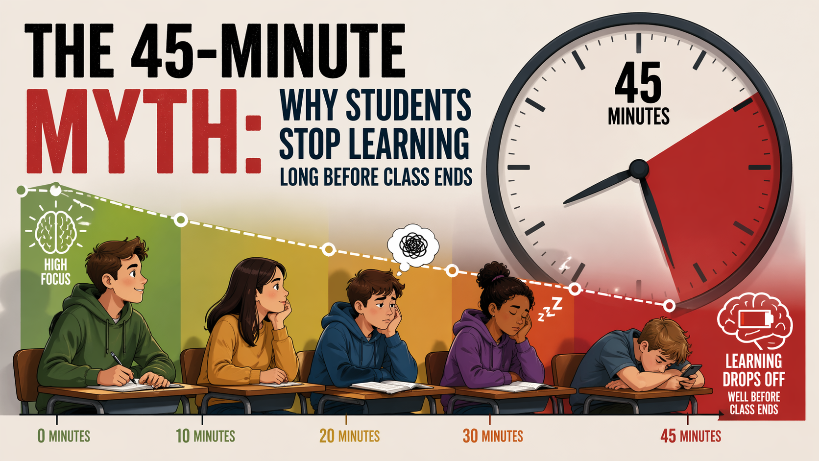 Illustration of a classroom showing student attention declining over a 45-minute period. A timeline moves from left to right with students starting highly focused and gradually becoming distracted, tired, or disengaged.