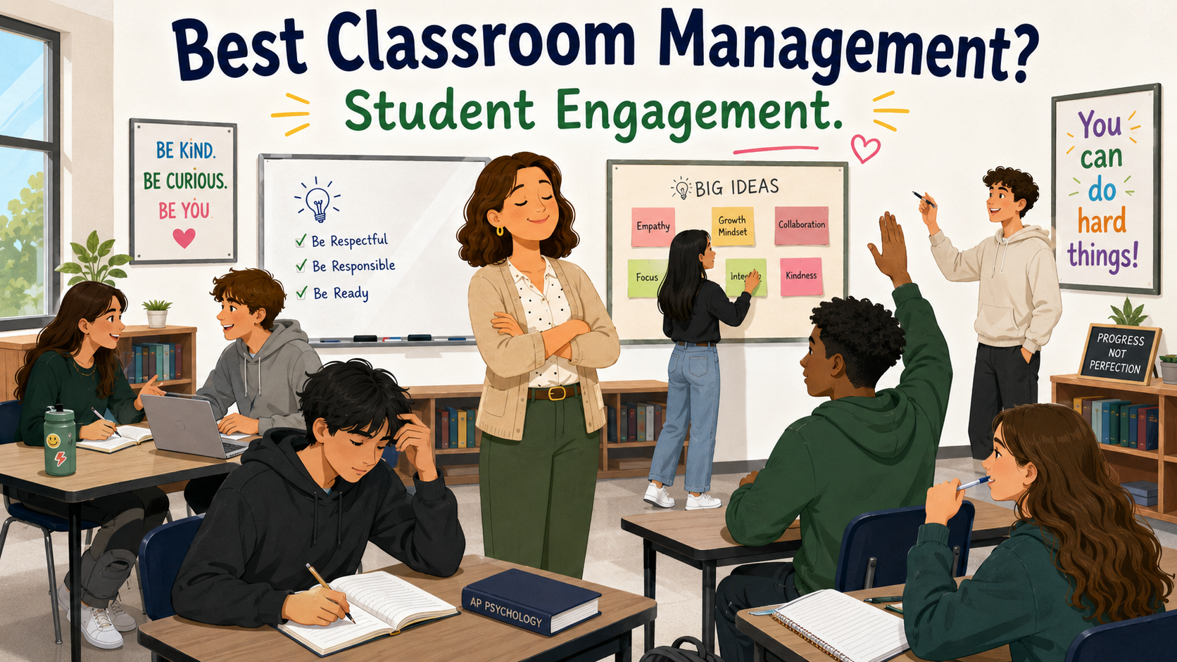 Illustration of an engaged high school classroom with students discussing, writing, raising hands, and collaborating while the teacher stands calmly in the center under the title “Best Classroom Management? Student Engagement.”