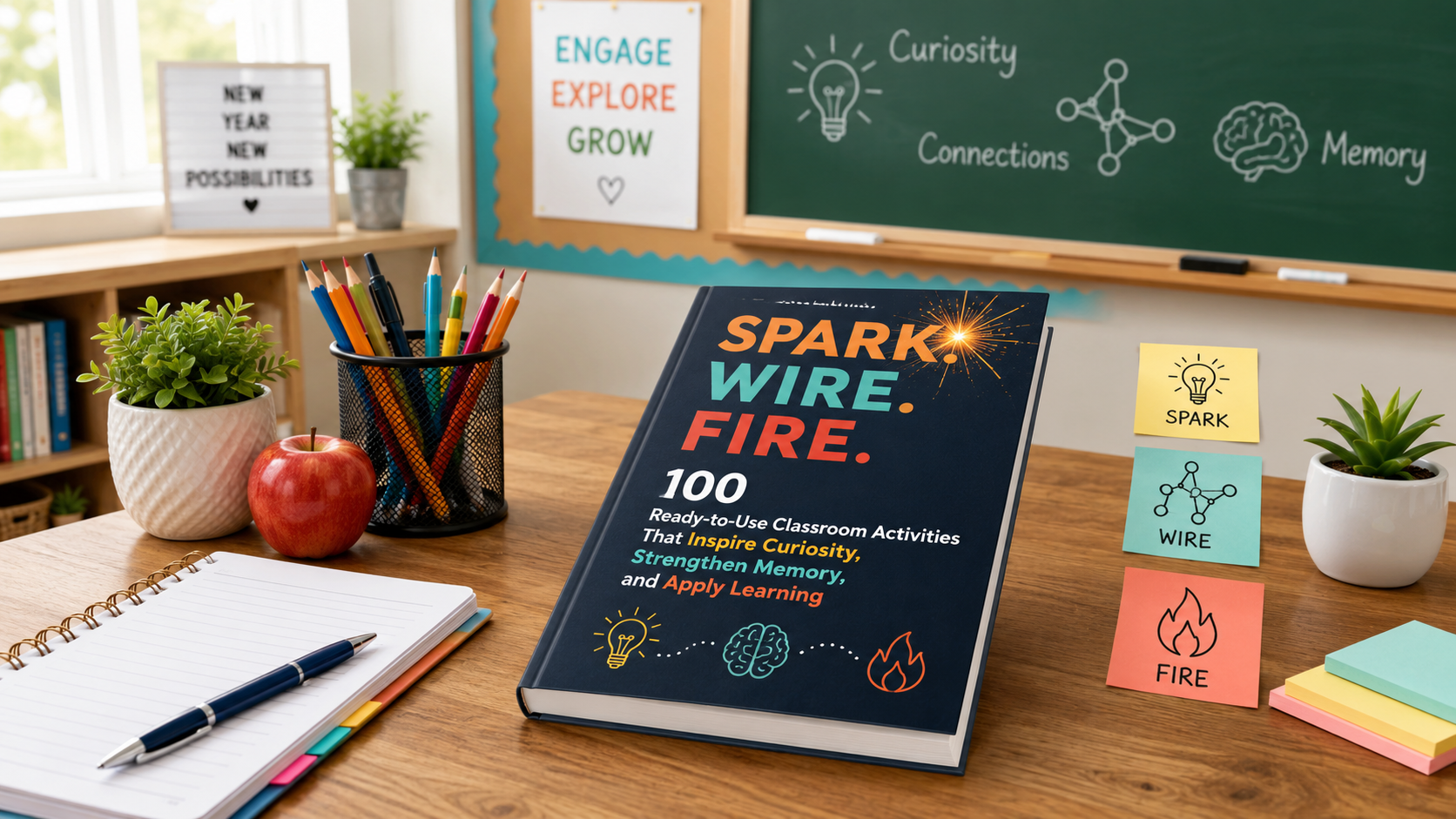 Simple classroom desk scene with a copy of Spark. Wire. Fire. on a teacher’s desk, surrounded by school supplies, sticky notes labeled Spark, Wire, and Fire, and a classroom chalkboard with icons for curiosity, connections, and memory.