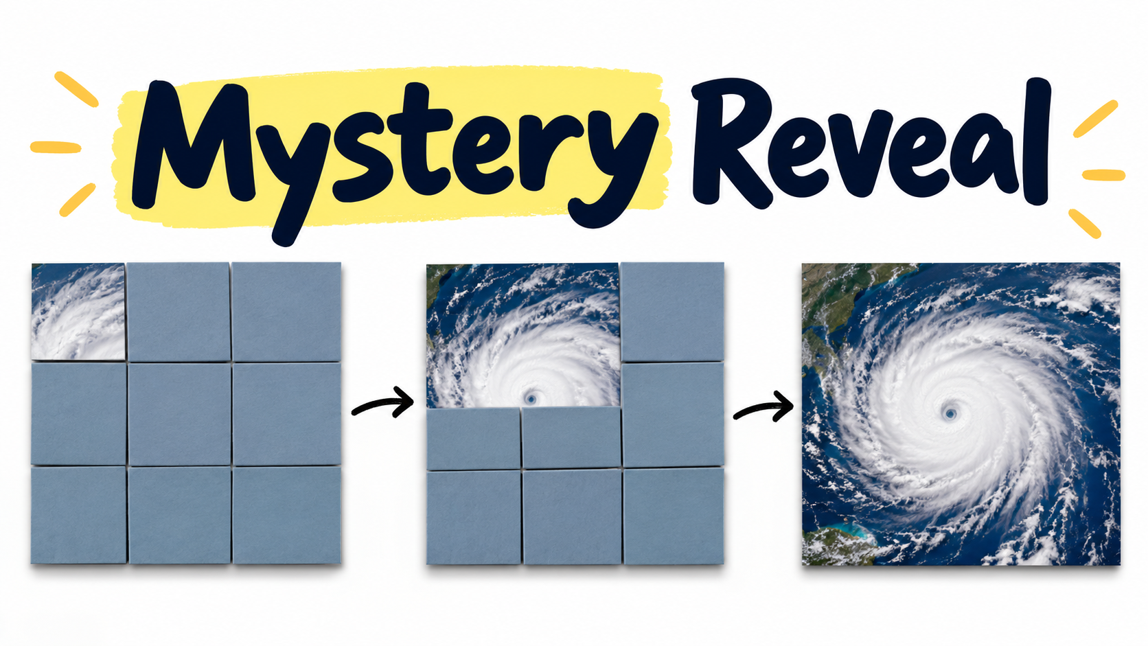 Simple educational graphic titled “Mystery Reveal,” showing three panels of a hurricane image being gradually uncovered from hidden tiles, with arrows showing the reveal sequence.