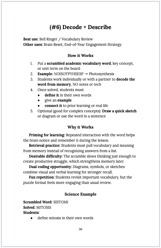 A page from the Spark. Wire. Fire book explaining the Decode and Describe bell ringer vocabulary review classroom activity