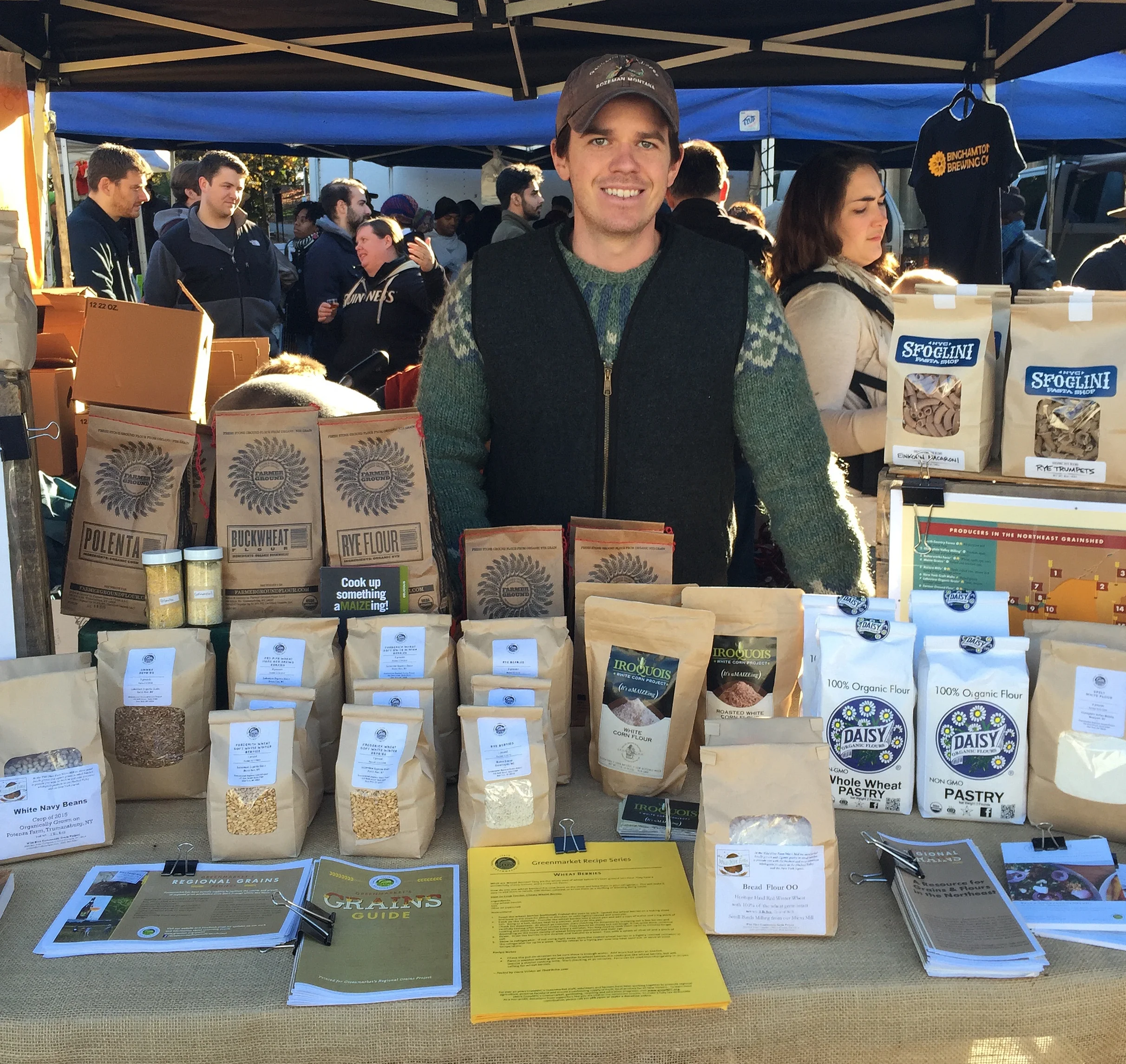 The grains booth at the Grand Army Plaza Greenmarket. All of these New York-grown grains could be in your pantry by this time next week.