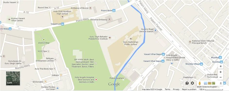Urban poche’ in Vasant Vihar Delhi : The google map above shows the important ‘planned’ VasantVihar and the Public school with a blue line depicting the nala or a planned rainwater drainage channel. 