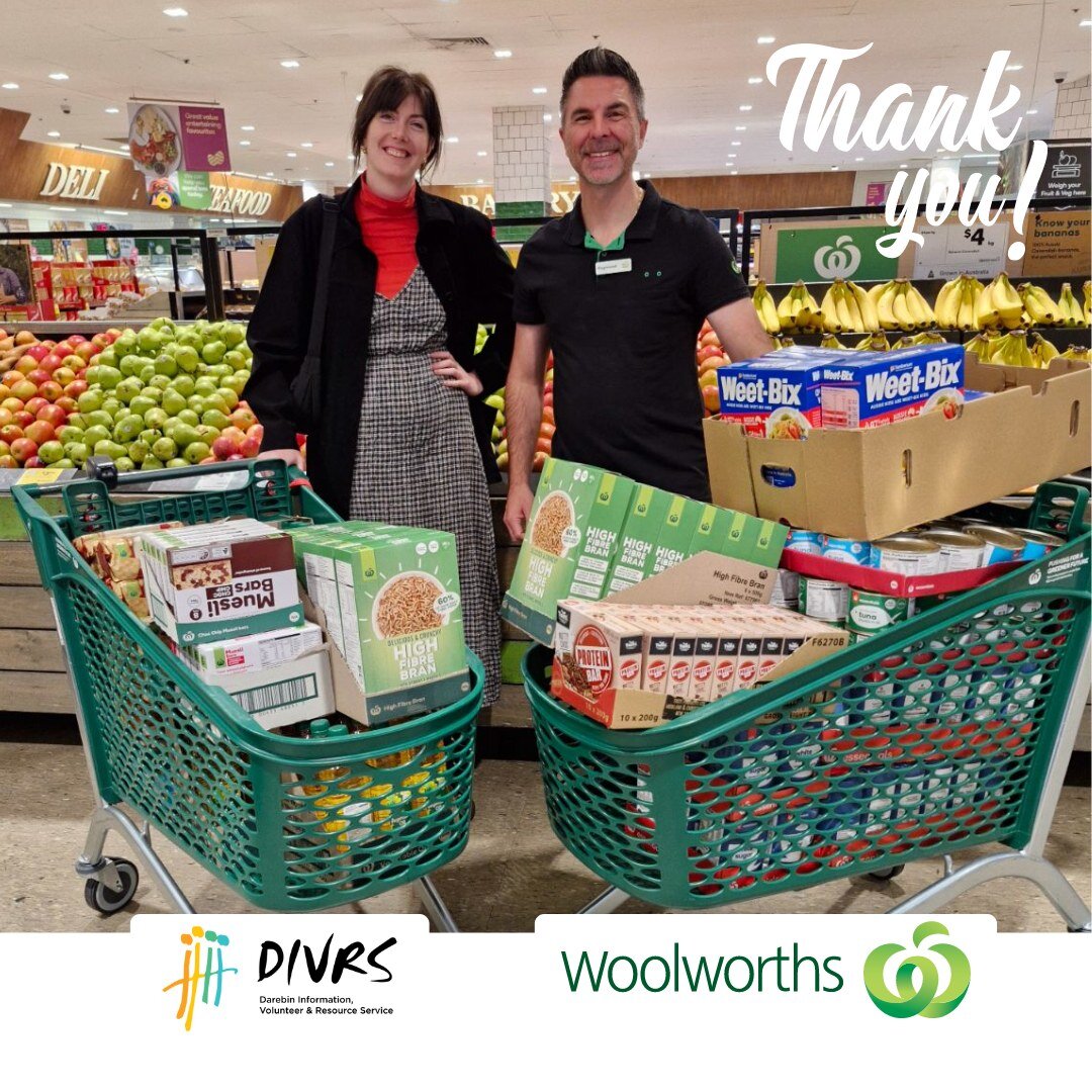 Thanks to the team at Woolworths East Preston for this donation of extra goods like oil and cereal for us to share with the community through DIVRS's Food Sharing Program.
 
We're always looking for more donations of pantry items and fresh fruit &amp