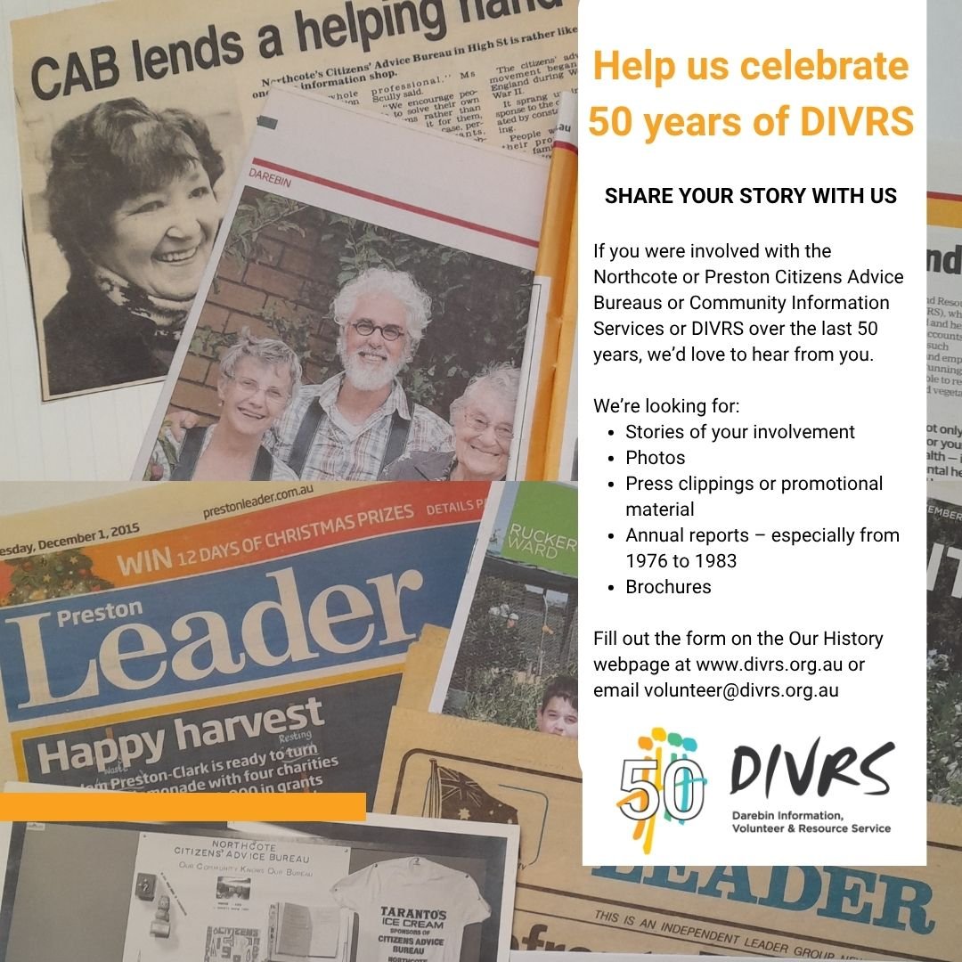 2026 will mark DIVRS&rsquo;s 50th anniversary of community support, strengthening and commitment to Darebin.
 
We have had many name changes and grown to meet the changing needs and strengths of the Darebin community. Throughout our 50 years, we have