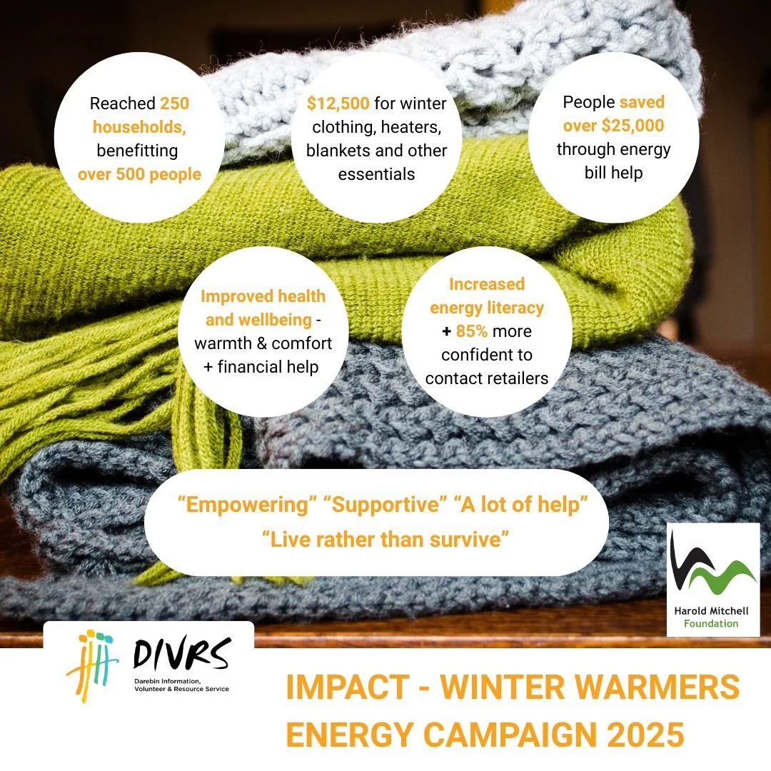 Winter energy bills are arriving now. Back in June we ran a Winter Warmers Energy Campaign to help people stay warm and reduce those winter energy costs. With the generous support of the Harold Mitchell Foundation we delivered $50,000 in value from a