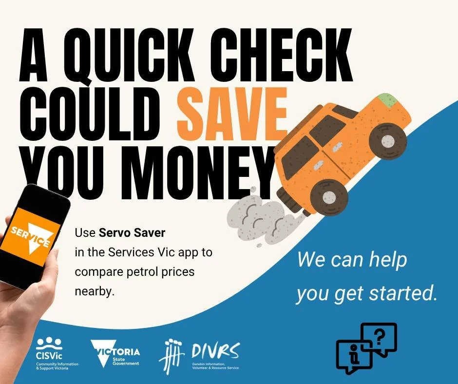 Petrol prices are rising but there is a new way to save.
Use the new Servo Saver app to compare petrol prices nearby.
We can help you get started. 
Call us on 9480 8202 or drop in Monday to Thursday 10am to 3.30pm.

#ServoSaver #CAV #CommunityInforma