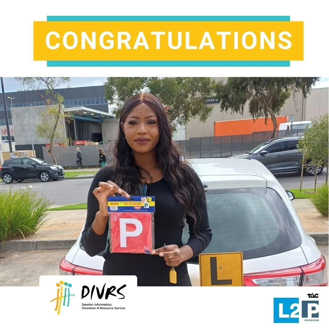 Congratulations to Alima, our latest Learner to gain their Ps through the Darebin L2P program. We hope you enjoy your newfound driving freedom.

Thank you to their mentor John who helped Alima get the driving experience needed to access education, em