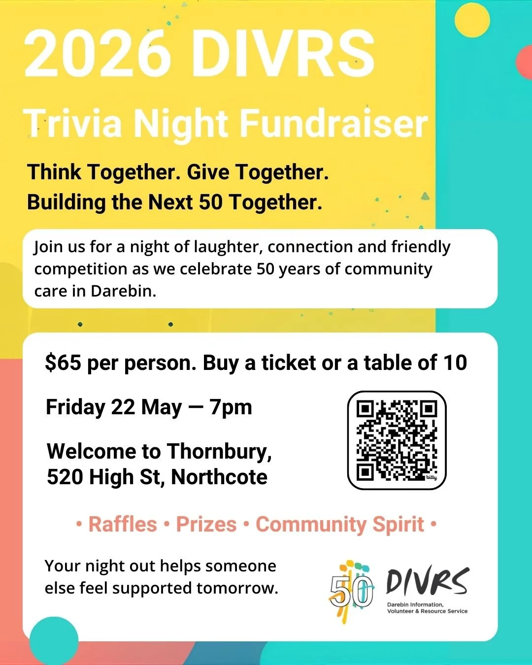 Final tickets released! 

We've added a couple more tables, so if you were waiting to this week to get your tickets do so now. It's going to be great!

For 50 years, DIVRS has been part of the fabric of Darebin, supporting people through tough times 