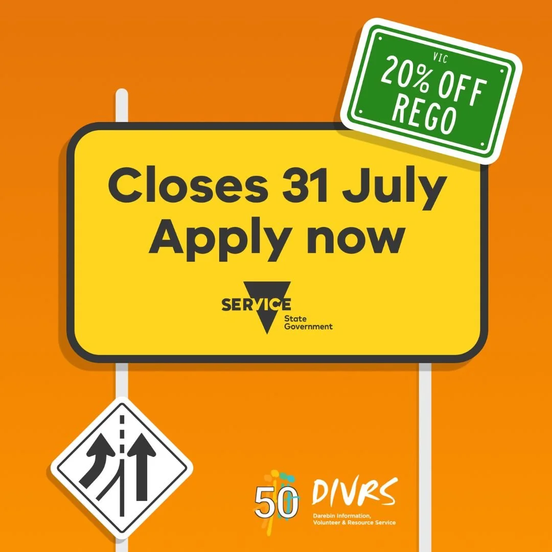 Have you claimed your 20% rebate from your car registration yet?
This is your last week to do so, applications close 31 July.

If you need help with the process give us a call 9480 8200 or drop in Mon - Thursday 10am - 3pm.