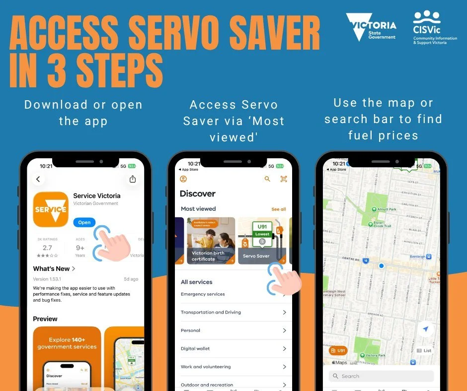 Have you downloaded the new Servo Saver app to save $$$ when filling up 
If not we can help you get started. 
Call us on 9480 8202 or drop in Monday to Thursday 10am to 3pm.

#ServoSaver #CAV #CommunityInformationandSupport #VicGov #CISVic
