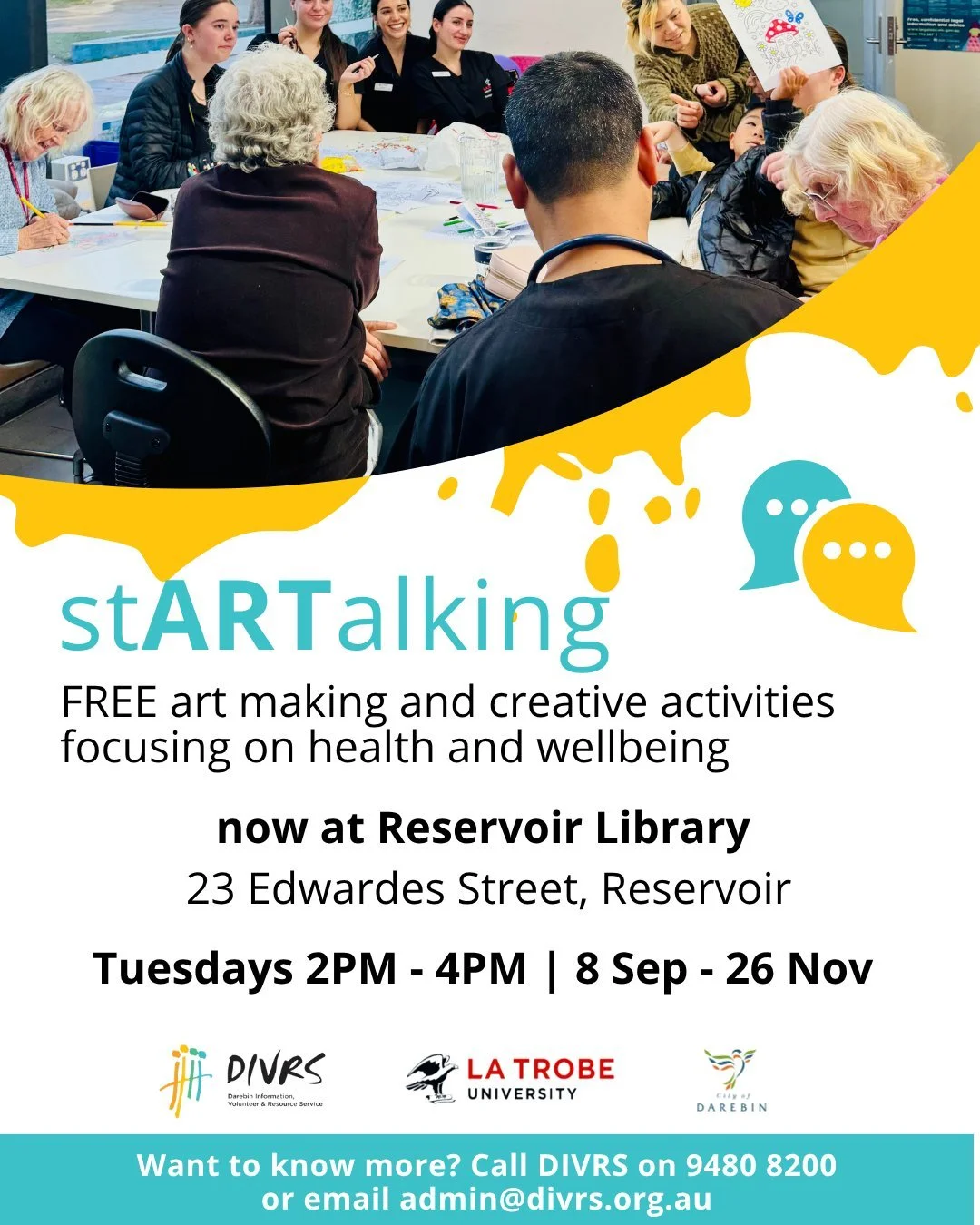 stARTalking and free health checks are now at the Reservoir library. Come and join our LaTrobe student nurses for creative activities and chat about all things health. They can even check your blood pressure and give one on one information.

Is there