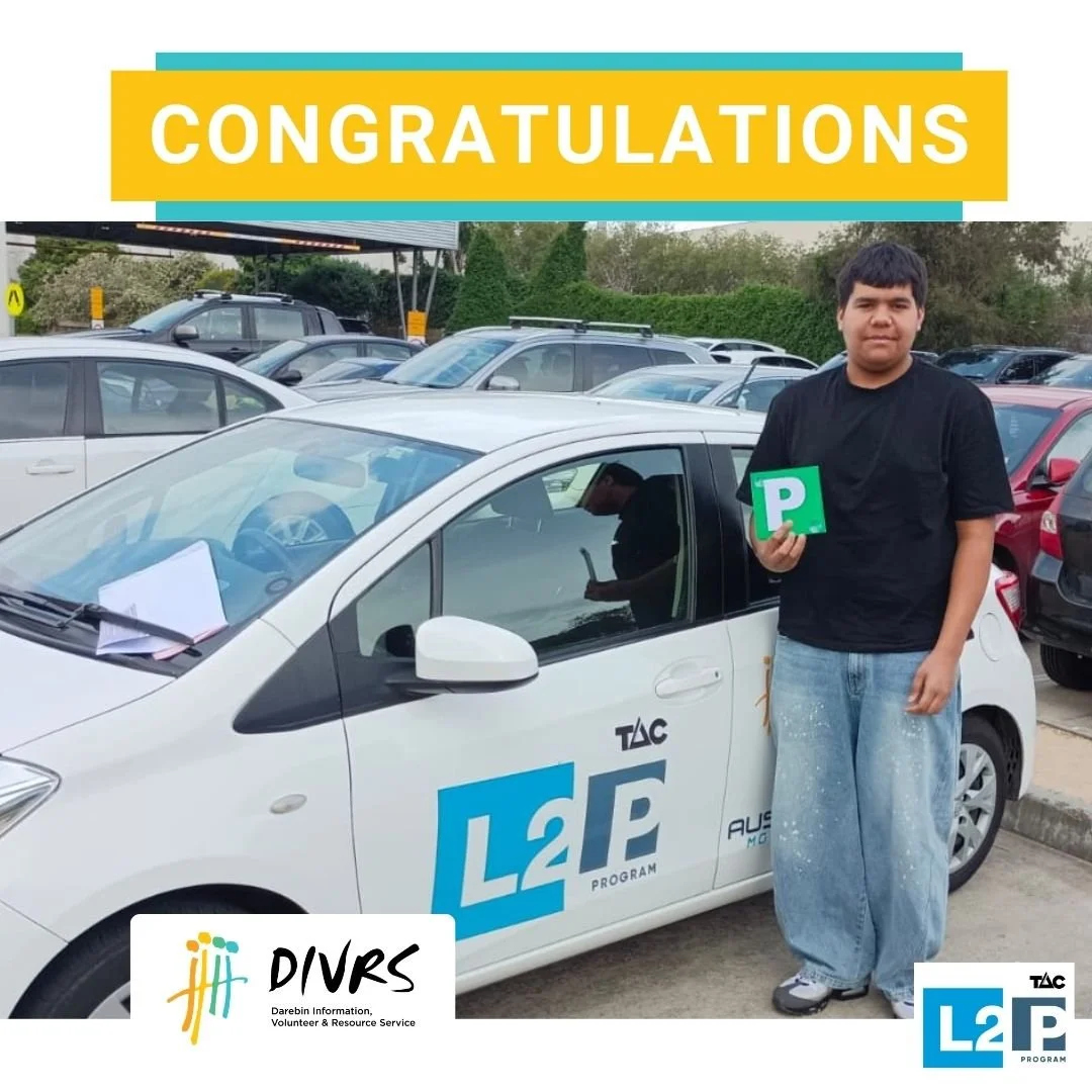 Congratulations to David, our latest Learner to gain their Ps through the Darebin L2P program. We hope you enjoy your newfound driving freedom.

Thank you to their mentor Phil who helped David get the driving experience needed to access education, em