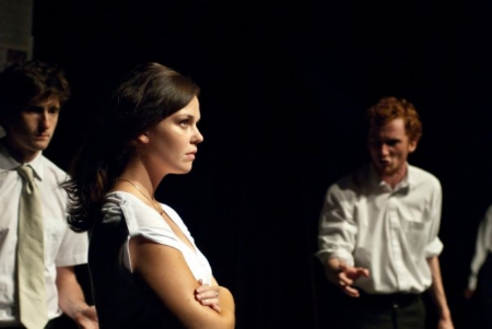 Alec Bombell as Albany, Danielle Nakkan as Regan and Stephen Sharpe as Lear in King Lear (2010). 