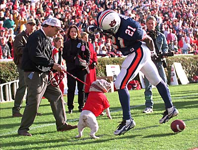 Auburn receiver Robert Baker's encounter with Georgia mascot Uga remains an enduring image in series history. (AP)
