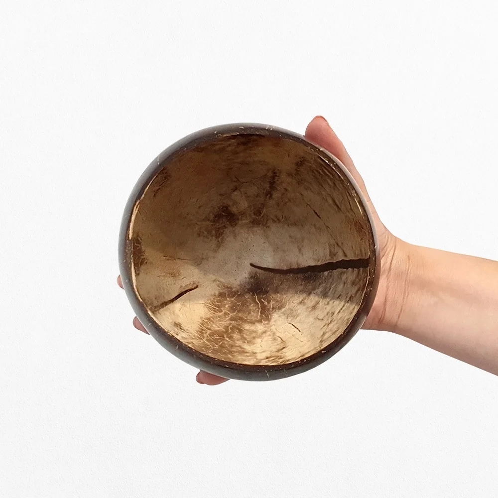 coconut bowl in the palm of hand